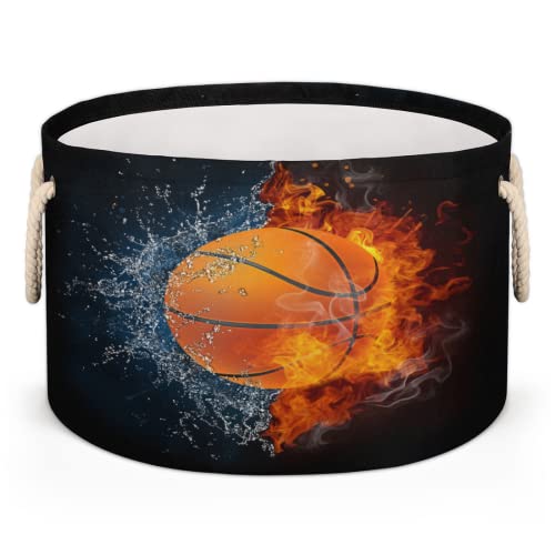 Pardick Large Round Storage Basket Art Basketball Ball Collapsible Circle Storage Bin Laundry Hamper With Handle for Kids Toy Blanket Dirty Clothes Towel Living Room Nursery Storage Organizer - color: B:Fire Basketball