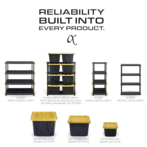 CX Black & Yellow, 5-Tier Heavy Duty Plastic Storage Shelves that Support up to 200lbs/shelf, Organization and Storage, Weather-Resistant Design, Easy Assembly (72”H x 48”W x 20”D)
