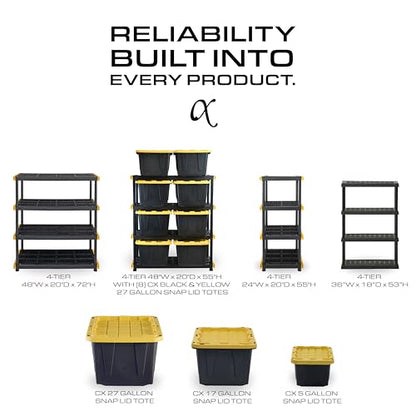 CX Black & Yellow, 5-Tier Heavy Duty Plastic Storage Shelves that Support up to 200lbs/shelf, Organization and Storage, Weather-Resistant Design, Easy Assembly (72”H x 48”W x 20”D)