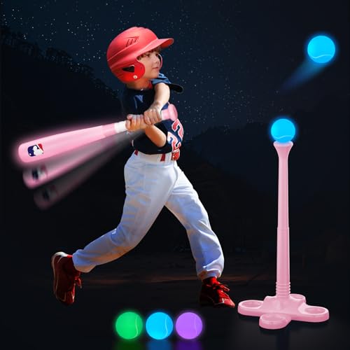 Leshein T Ball Set, Light Up LED Baseball Toys for Kids Toddlers 3-8, Glow in The Dark Tee Ball Set, Rechargeable Portable Toddler Outdoor Toys for Barkyard Camping, Gifts for Boys Girls (Pink) - color: Pink