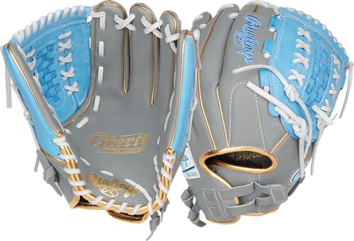 Rawlings | Liberty Advanced Color Series Fastpitch Softball Glove - color: Grey / Columbia Blue / Gold | X-Laced Basket Web, size: 12.5" | Utility