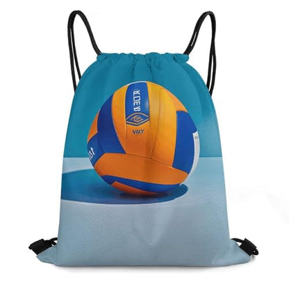 Blue Volleyball Drawstring Backpack Foldable Gym Sackpack for Basketball Soccer Swim Yoga Sport Gear Beach