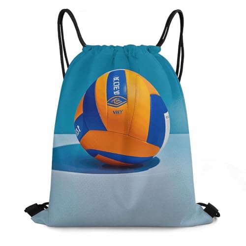 Blue Volleyball Drawstring Backpack Foldable Gym Sackpack for Basketball Soccer Swim Yoga Sport Gear Beach