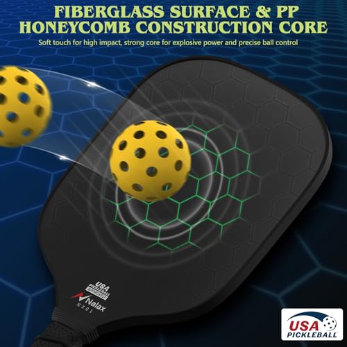 Pickleball Paddles, Nalax Fiberglass Pickleball Paddles Set of 2, USAPA Approved Graphite 16mm Power Polymer Core Pickle Ball Paddle with 4 Pickleball Balls and 1 Bag for Men Women