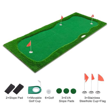 Golf Putting Green Mat 12x5 FT Indoor Outdoor Practice Training Aid with 3 Holes, Cups and Flags, Premium Turf, Slope Pads and Movable Cup for Home, Office, Backyard