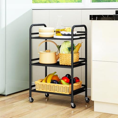 DCLRN 3 Tier Rolling Cart,Storage Organizer Cart,Multifunctional Storage Shelves,Rolling Metal Organization Cart with Handle and Lockable Wheels,for Home,Office,Kitchen,Bathroom(Black)