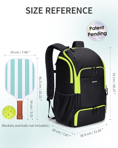 sportsnew Pickleball Bag Large Sports Pickleball Backpack with Shoe Compartment for Men Women, Patent Pending - color: Black-Fluo Zip