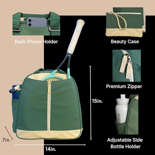 AYRES Tennis Backpack - Spacious Womens Tennis, Padel & Pickleball Bag | Quick-Access Racket Compartment (Fits 2) | Designer Tennis Bag, Water-Resistant & Easy To Clean, Makeup Pouch Included - color: Green