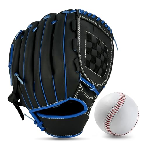 Baseball Glove,Baseball Softball Mitt with Ball for Kids Youth Adults Training and Beginner,Right Hand Throw,Left Hand Glove - color: Black Blue, size: 10.5"