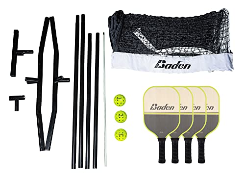 Baden Champions Portable Outdoor Official Size Pickleball Net Set - 22 ft Net, 3 Balls, 4 Wood Paddles & Carrying Case