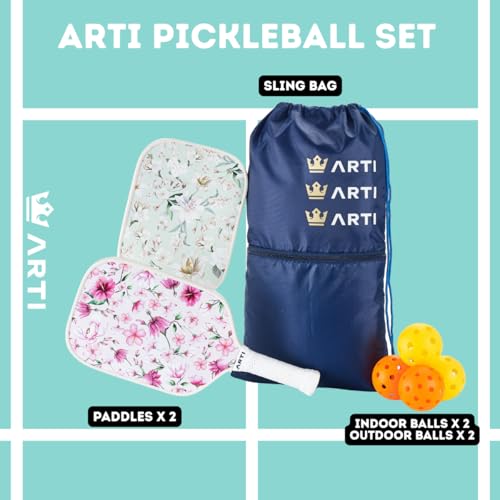 ARTI Pickleball Paddles Set of 2-USAPA Approved Fiberglass Surface Pickleball Set,2 Pickleball Rackets, 4 Balls and 1 Portable Carry Bag - color: Flower Pink And Green