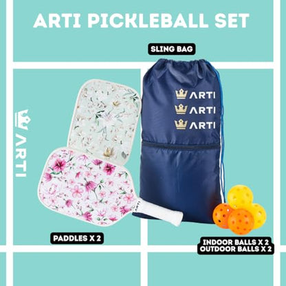 ARTI Pickleball Paddles Set of 2-USAPA Approved Fiberglass Surface Pickleball Set,2 Pickleball Rackets, 4 Balls and 1 Portable Carry Bag - color: Flower Pink And Green