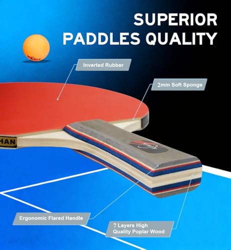 Family Premium Ping Pong Paddles Set of 4 - Advanced Table Tennis Rackets, 6 Training Ping Pong Balls, Competitive or Recreational Play - Indoor and Outdoor Compatible