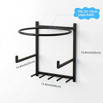 Wall Mounted Yoga Ball and Mat Holder, Space-Saving Home Gym Organizer and Storage Rack Fits 55-75cm Stability Ball with 5 Hooks for Resistance Bands and Equipment