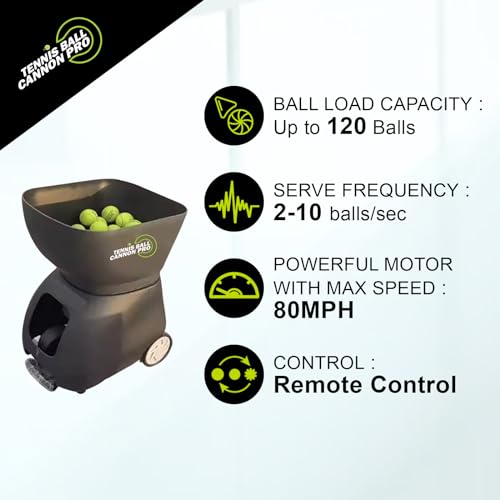 Tennis Ball Cannon Pro: Portable Tennis Ball Machine (48lbs) - Dual Motor for Top Spin and Backspin | Up to 120 Balls, Max Speed 80MPH | 6 Hours Playtime with Rechargeable Lithium Battery