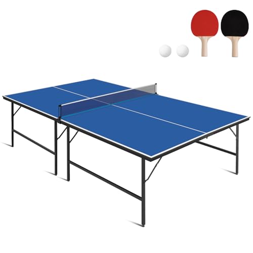 Portable Ping Pong Table, Foldable Indoor Table Tennis Tables Game, Folding Indoor Table Tennis w/ 2 Paddles, 2 Balls and Net for Adults/Teens, Quick Assembly - color: 9FT-BLUE