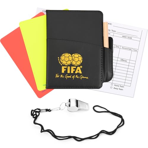 Cosmos Soccer Referee Card Set Red Card Yellow Card Wallet Set with Metal Referee Whistle & Score Sheets, Soccer Referee Accessories Kit for Soccer Football Match Sports Game, Random Rope Color.
