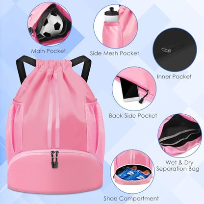 BROTOU Soccer Bags, Football Backpack, Volleyball Bag, Drawstring Backpack with Ball and Shoe Compartment, Football bags for Equipment Swim Gym Bag - color: Light Pink