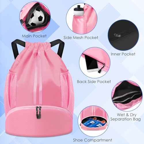 BROTOU Soccer Bags, Football Backpack, Volleyball Bag, Drawstring Backpack with Ball and Shoe Compartment, Football bags for Equipment Swim Gym Bag - color: Light Pink