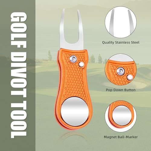 Mile High Life Golf Divot Repair Tool, All Metal Foldable Divot Tool with Pop-up Button & Magnetic Ball Marker - color: Orange Bone