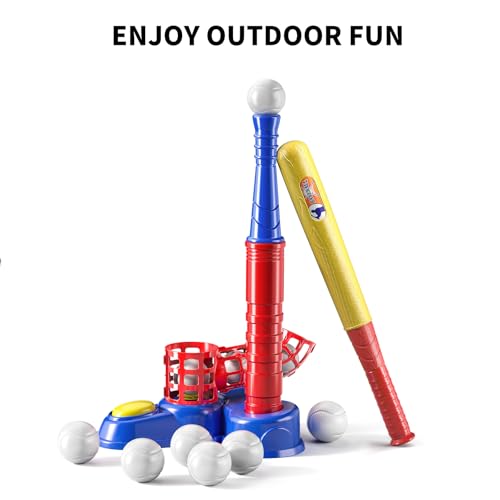 TEMI 2 in 1 Tee Ball Set for Kids 3-8, Kids Baseball T-Ball Set with 10 Balls, Step on Pitching Machine, Batting Tee, Outdoor Sport Toy Games for 3-12 Year Old Boys Girls Toddler