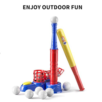 TEMI 2 in 1 Tee Ball Set for Kids 3-8, Kids Baseball T-Ball Set with 10 Balls, Step on Pitching Machine, Batting Tee, Outdoor Sport Toy Games for 3-12 Year Old Boys Girls Toddler
