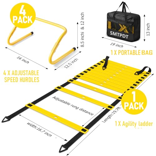 Agility Ladder,Soccer Training Equipment Set,20ft Speed Ladder,4 Agility Hurdles,Football Basketball Training Equipment,Football Accessories for Kids Youth Adults | Footwork, Speed & Agility Training - color: Yellow