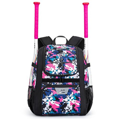 KAVIGOR Youth Baseball Bag, Softball Bag for Girls & Boys, Kids Tball Backpack with Shoes Compartment - color: Pink Camo