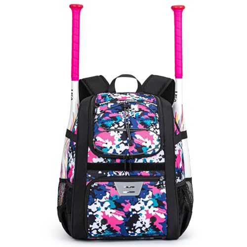 KAVIGOR Youth Baseball Bag, Softball Bag for Girls & Boys, Kids Tball Backpack with Shoes Compartment - color: Pink Camo