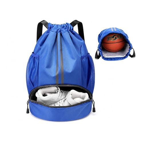 JELUTAR Soccer Bag, Drawstring Soccer Backpack with Shoe Compartment, Water Resistant Sport Gym Bags for Volleyball Basketball Football Beach Swim Pool - color: Blue
