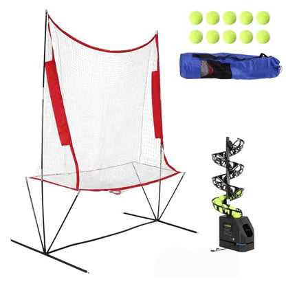 Pickleball Starter Kit with Automatic Ball Machine 10 Pickleballs Ball Recycling Net Carrying Bag, 5 Adjustable Angles 2 Power Level Portable Tennis Ball Pitching Machine