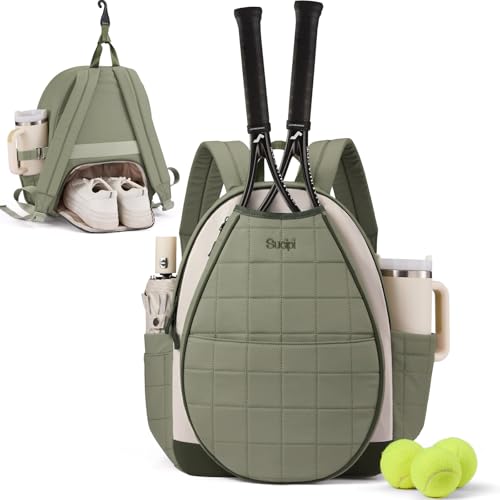 Tennis Bags for Women, Quilted Tennis Racket Bag Backpack for Tennis Racquet, Pickleball Paddles, Badminton - color: Light Green-beige-olive green with cup holder, size: Large with Shoe Compartment