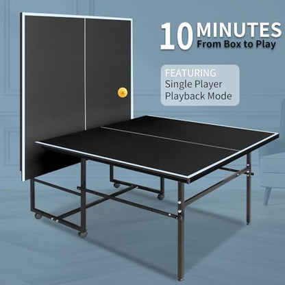 IUNNDS Portable Table Tennis Table 6/8/8.5/9FT Foldable Ping Pong Game Set for Indoor with Net and Post Set, 2 Paddles and 3 Balls - color: Black-8.5FT