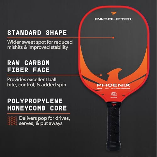 Paddletek Phoenix Talon – 14mm Pickleball Paddle – Raw Carbon Fiber Face – Balanced Control & Spin – Polypropylene Honeycomb Core – USAPA Approved Pickle Ball Paddle – 5.25 Inch Handle - color: Wildfire
