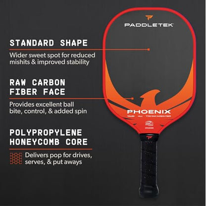 Paddletek Phoenix Talon – 14mm Pickleball Paddle – Raw Carbon Fiber Face – Balanced Control & Spin – Polypropylene Honeycomb Core – USAPA Approved Pickle Ball Paddle – 5.25 Inch Handle - color: Wildfire