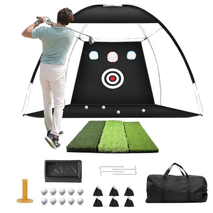 Golf Hitting Net 10x7FT with Tri Turf Mat, Golf Nets for Backyard Driving Real Golf Balls with 10 Balls, 4 Ground Stakes, 6 Windproof Sandbags, Rubber Tee, Tray and Carry Bag Indoor/Outdoor Use