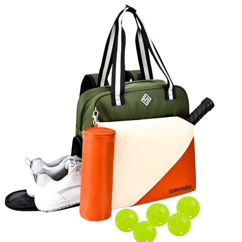 Pickleball Bag for Women Men Large Tennis Backpack for Pickleball, Tennis, Racketball, and Travel Sling Bag with Shoe Compartment and Fence Hook External Ball B-ag and Adjustable Shoulder Strap - color: Army green