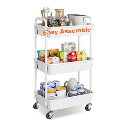 3 Tier Rolling Cart with Wheels, White Plastic Three Tiered Roller Shelf Cart on Lockable Wheels, Small Utility Storage Organzier Carts for Craft, Art, Baby Diaper Caddy, Snack, Dorm, Kitchen,Bathroom