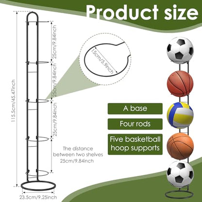 Ball Storage Rack 5 Tier Garage Sports Equipment Organizer Basketball Racks Vertical Removable Metal Ball Stand High Weight Capacity for Basketball Football Volleyball 45.5 x 9.3 Inch