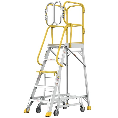 5 Step Ladder Aluminum Rolling Platform Ladders with 360° Guardrail System, Industrial Safety Non-Slip Rolling Ladder with Wheels for Warehouse, Garage, 375 lbs Capacity - size: 5 Step