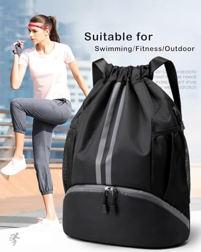 BROTOU Soccer Bags, Football Backpack, Volleyball Bag, Drawstring Backpack with Ball and Shoe Compartment, Football bags for Equipment Swim Gym Bag - color: Black