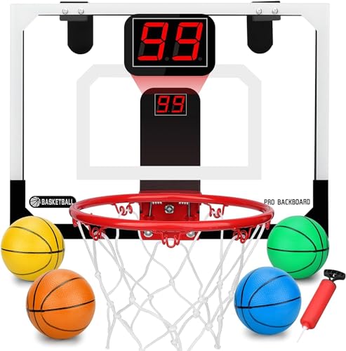 Mini Basketball Hoop Set for Kids Adults, Indoor Play Wall Mount Basketball Hoop for Door with 4 Small Replacement Toddler Basketballs, ABS Backboard Metal Rim Goal Sport Gifts for Pool Game Fun - style: Electronic Scoring Board + Rainbow Rubber Basketbal