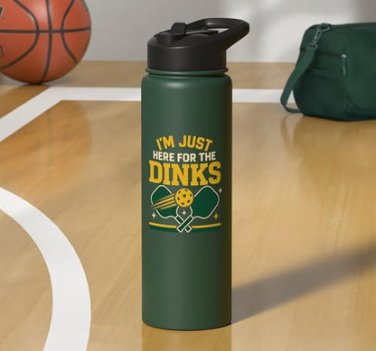 Funny Pickleball Pun Paddle I'm Just Here For The Dinks Stainless Steel Insulated Water Bottle - color: Dark Green