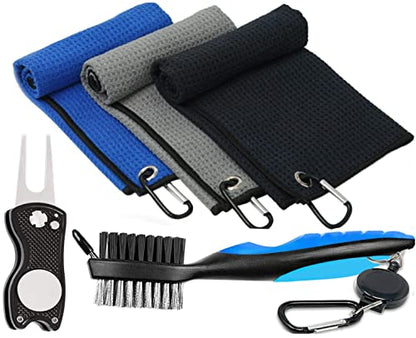 Golf Towel Pack - 3 Microfiber Waffle Pattern Golf Towels Including Golf Club Brush and Groove Cleaner Divot Repair Tool - color: Blue