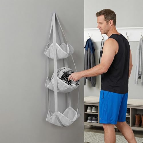 Basketball Holder Bag, Space-Saving Design, 83x33x33cm, 3 Tier Over The Door Ball Holder Bag, Soccer Equipment Organizer Bags, Quick Access Design, for Volleyball Football Gym - color: Gray