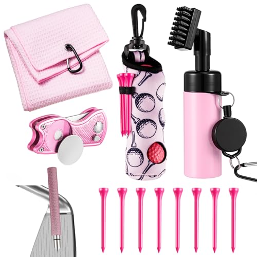 13 Pcs Golf Accessories Kit, Include Golf Ball Bag with Hook Towel Tees Magnetic Ball Marker Divot Tool Cleaner Water Brush Groove Sharpener Tool for Women Man Gifts - color: Pink