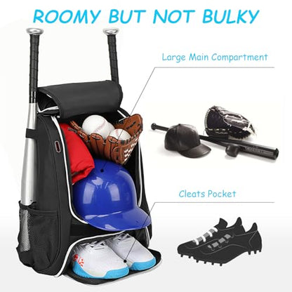 LARIPOP Youth Baseball Bag, Bat Backpack with Fence Hook & Separate Shoe Compartment, Waterproof Equipment Bag for Baseball, T-Ball & Softball - color: Black White