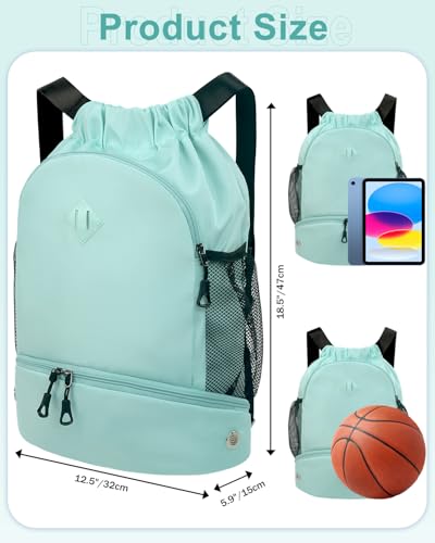 RHDZO Drawstring Backpack Gym Backpack with Shoe Compartment for Men Women String Sports Bag with Wet Pocket Cinch Swim Beach Bag, Large Mint Green - color: Large Mint Green