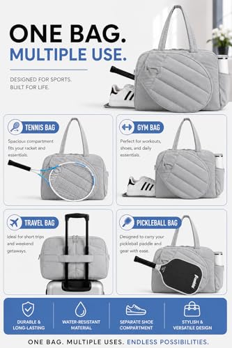 Pickleball,Tennis Racket Bag,Gym Bag for Women,Man. Quilted, Holds 2 Rackets with Shoe Compartment. Sport Bag for Gym, Court, Travel Duffle Bag - color: Light Grey