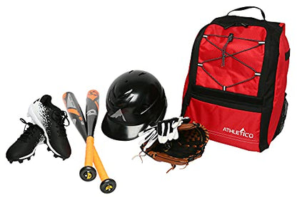 Athletico Youth Baseball Bag - Bat Backpack for Baseball, T-Ball & Softball Equipment & Gear | Holds Bat, Helmet, Glove | Fence Hook - color: Red
